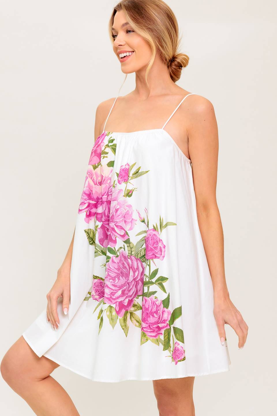 GARDEN WHISPERS PINK FLORAL WOVEN MINI DRESS Flying Tomato